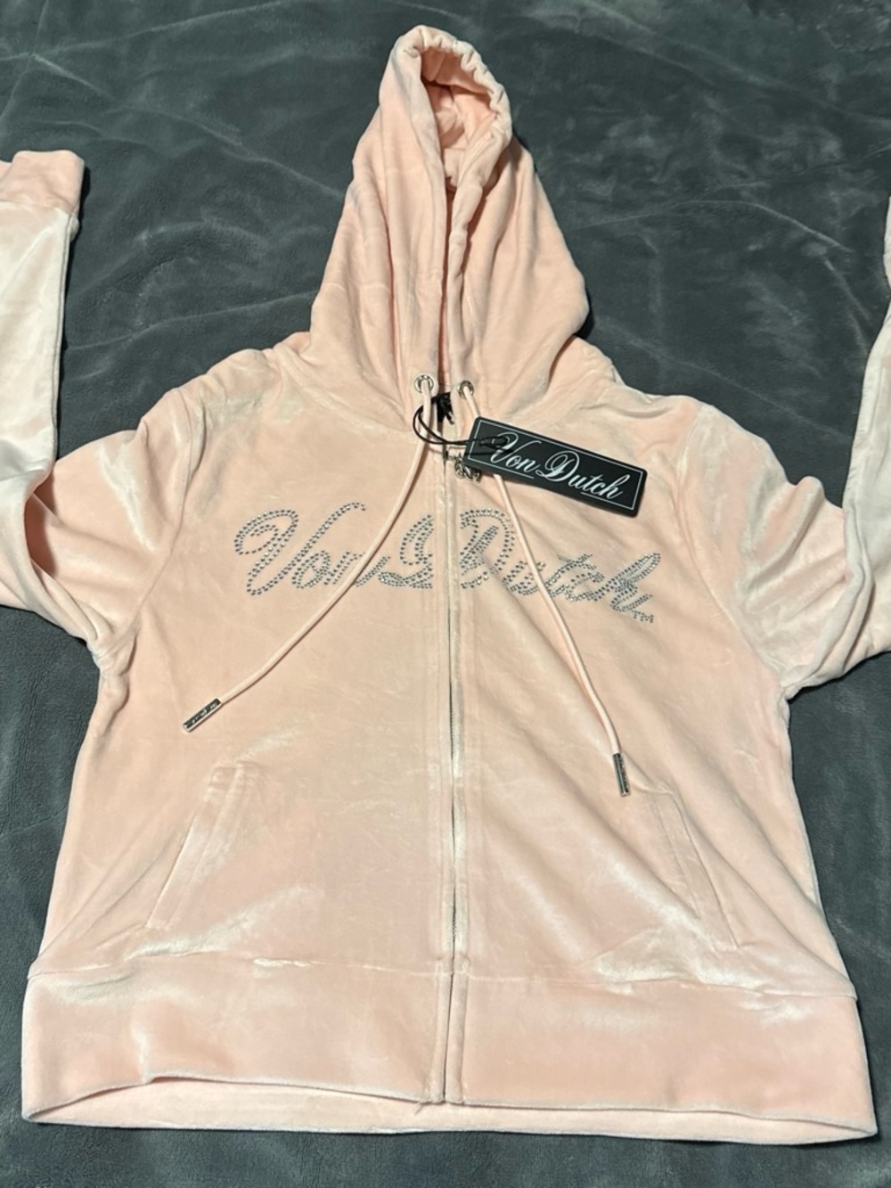 VON DUTCH Pink Velour Zip Up Hoodie Size XL